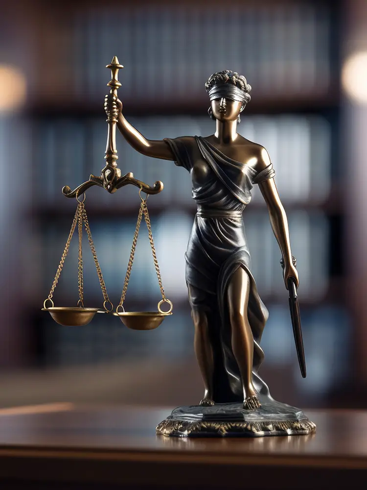 Statue de la justice avec balance et glaive sur un bureau devant une bibliothèque