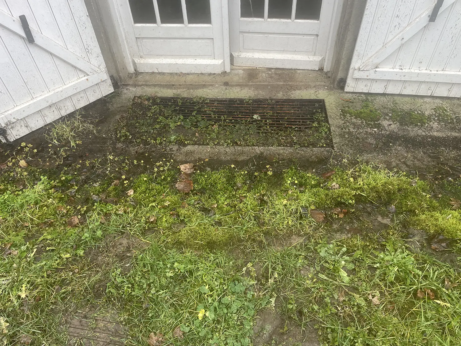 Grille de drainage encombrée devant une porte-fenêtre