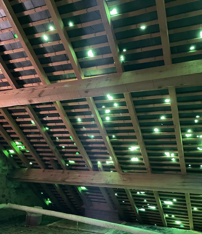 Charpente de toiture ancienne avec de nombreuses infiltrations de lumière dues à des tuiles manquantes ou déplacées.