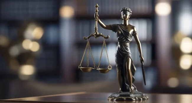 Statue de la justice avec balance et glaive sur un bureau devant une bibliothèque