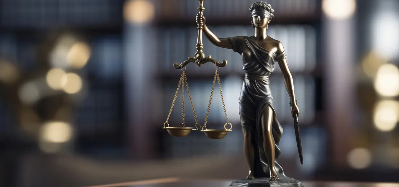 Statue de la justice avec balance et glaive sur un bureau devant une bibliothèque