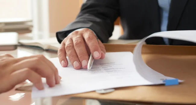 Signature de contrat avec stylo sur bureau, mains d’hommes en costume